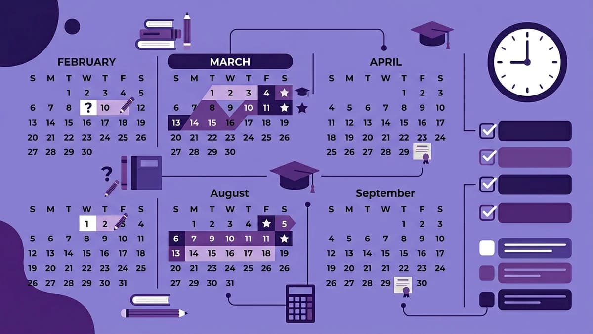Ilustración de un calendario con fechas destacadas y elementos de reloj y listas de verificación en tonos morados e índigo