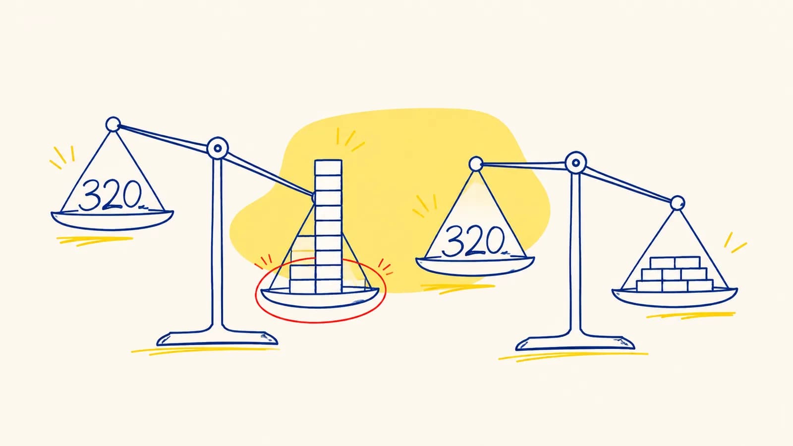 Ilustración abstracta de dos balanzas con pesos distintos equilibrando el mismo puntaje, en tonos morados