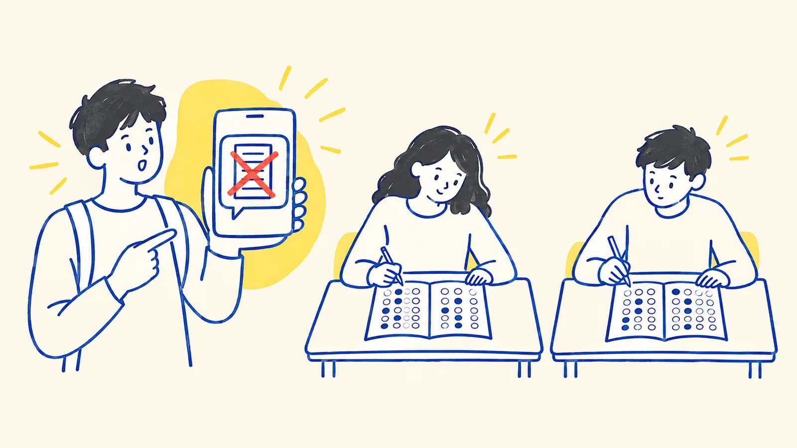 Ilustración de un cuadernillo de examen con un candado y una lupa sobre líneas de texto difuminadas en tonos morados