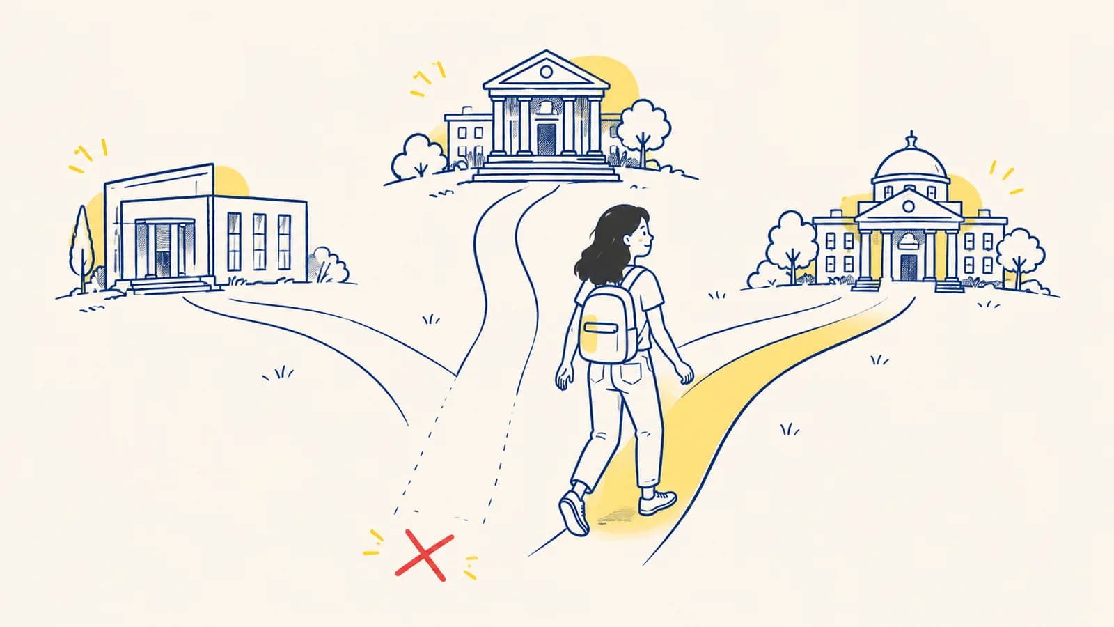Ilustración de un estudiante frente a un camino con varias bifurcaciones señaladas hacia universidades colombianas, en tonos morados