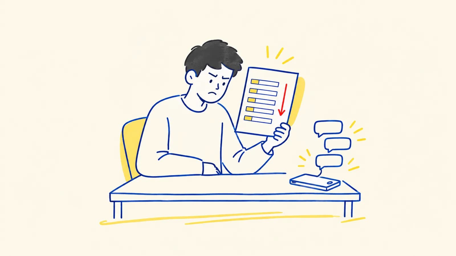 Ilustración de una estudiante mirando su reporte de resultados mientras a su alrededor se acumulan mensajes de chat de compañeros.