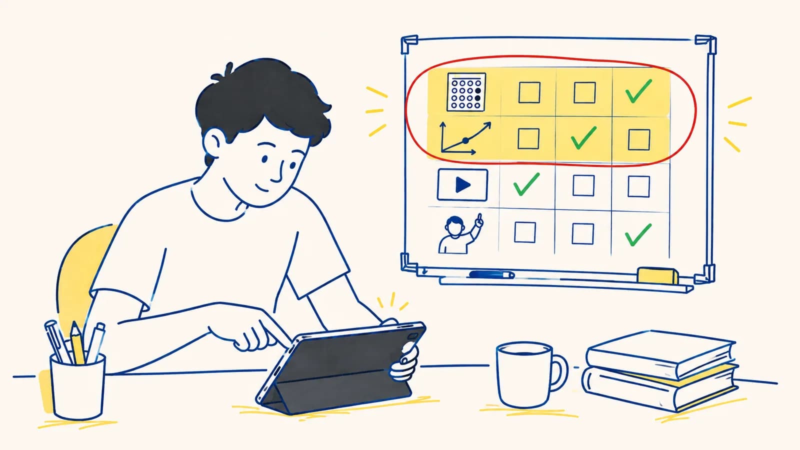 Ilustración de múltiples dispositivos mostrando interfaces de estudio con marcas de comparación en tonos morados y azules