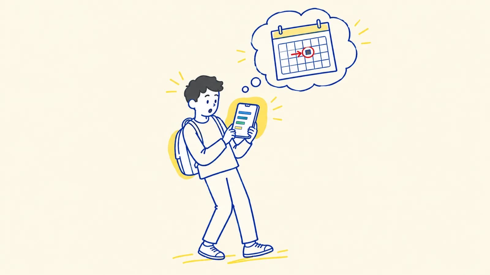 Ilustración de un calendario con una fecha tachada y la anterior marcada en rojo, junto a un celular mostrando un reporte de resultados descargado.