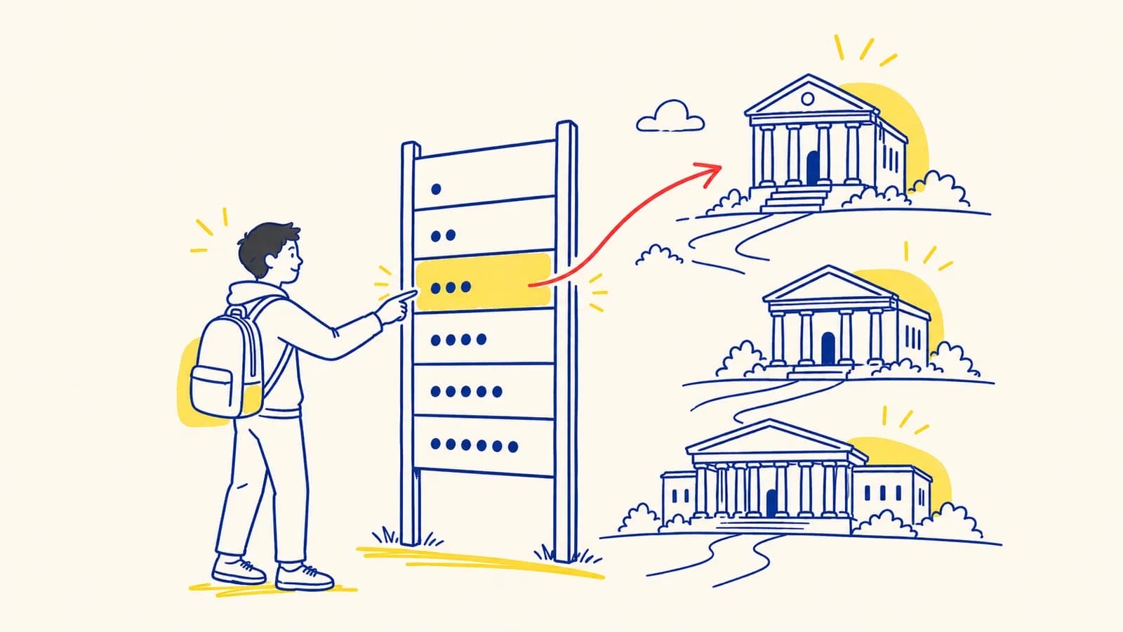 Ilustración de un estudiante frente a un tablero con rangos de puntaje ICFES y edificios de universidades colombianas en tonos morados