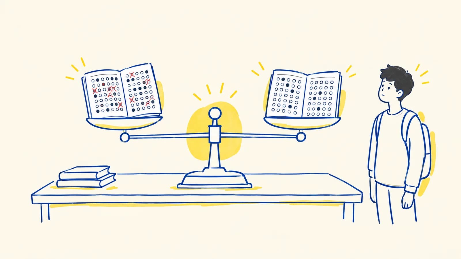 Ilustración de dos cuadernillos de examen distintos equilibrados en una balanza, representando cómo el ICFES iguala puntajes entre calendarios.