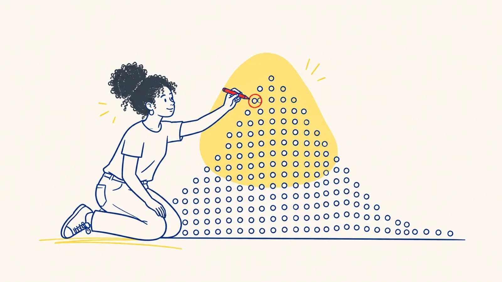 Ilustración de una curva de distribución estadística con un punto individual resaltado en tonos morados
