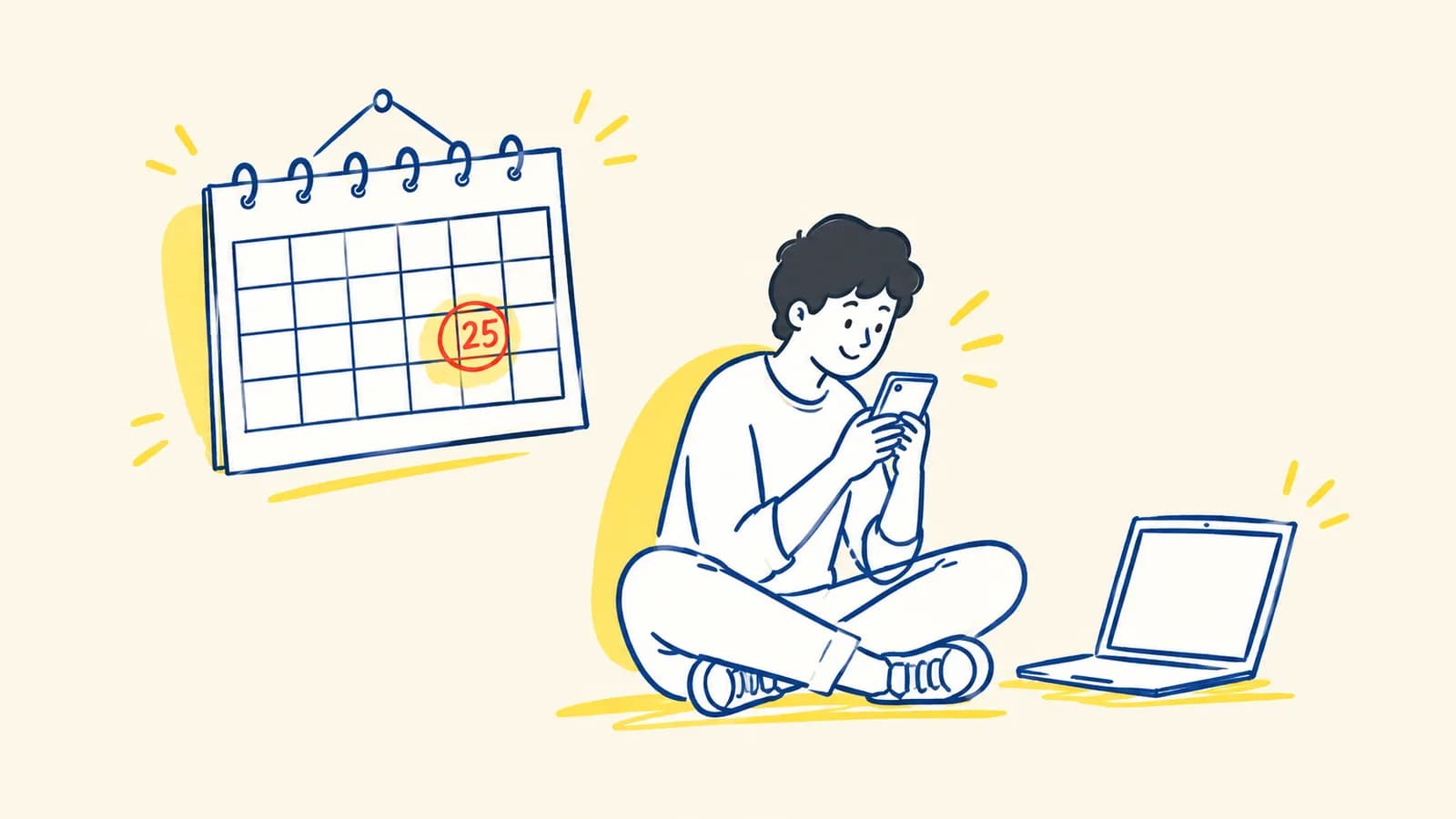 Ilustración de un calendario de septiembre con el día 25 resaltado y un ícono de reporte de resultados, en tonos morados e índigo