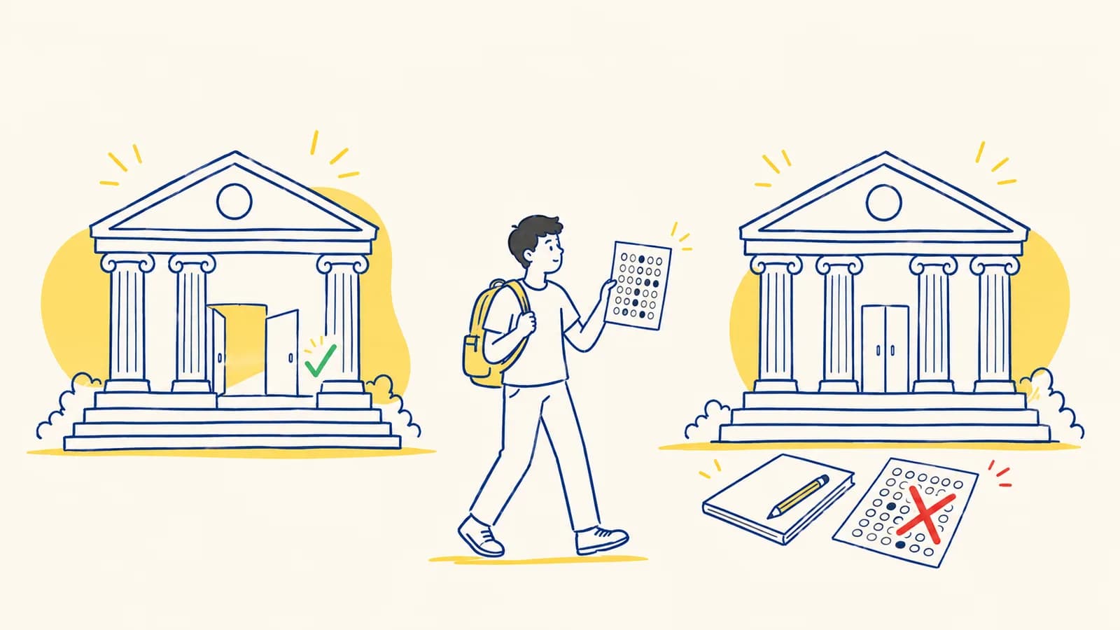 Ilustración de un edificio universitario con una gráfica de barras ascendentes y siluetas de estudiantes en tonos morados