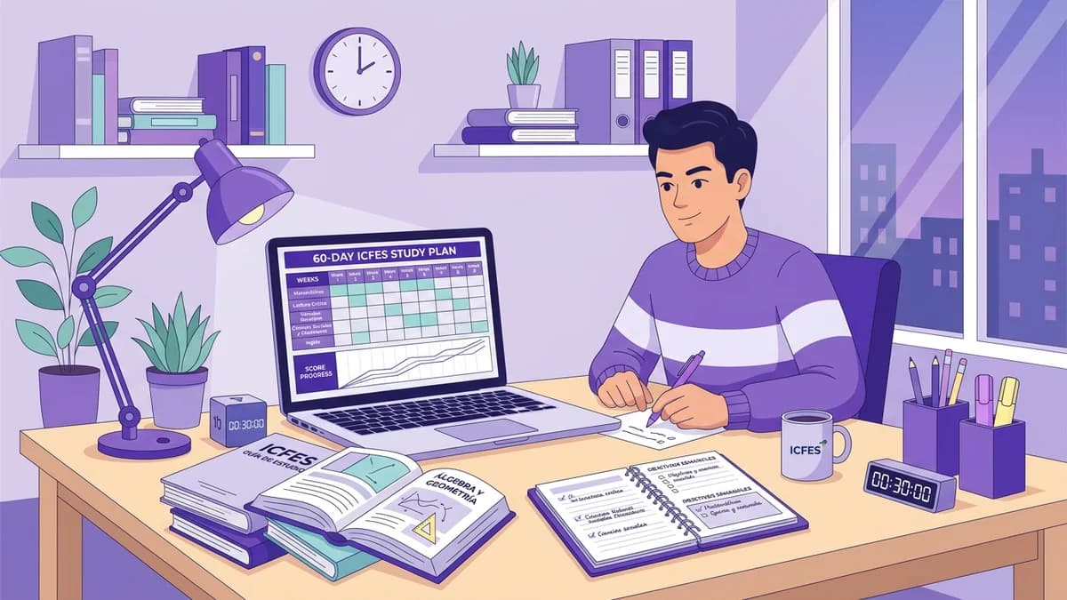 Ilustración de una cuadrícula de 30 días con progresión de estudio, libros y reloj en tonos morados