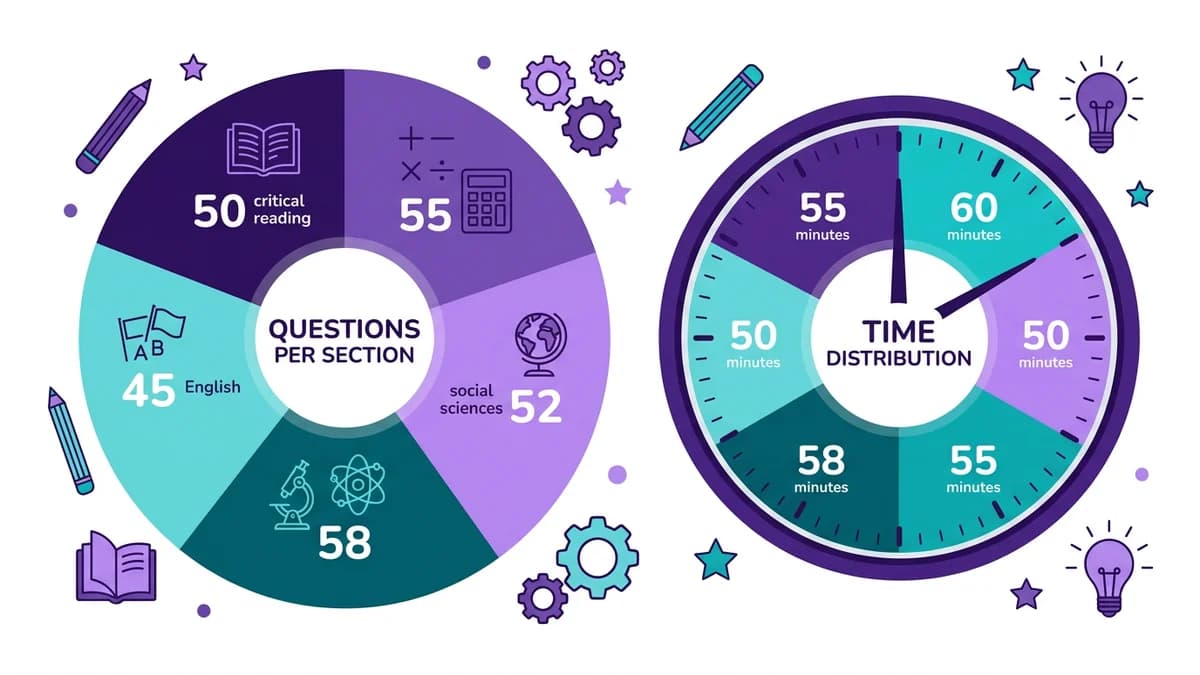Hoja de examen con preguntas numeradas y un reloj mostrando distribución del tiempo en tonos morados