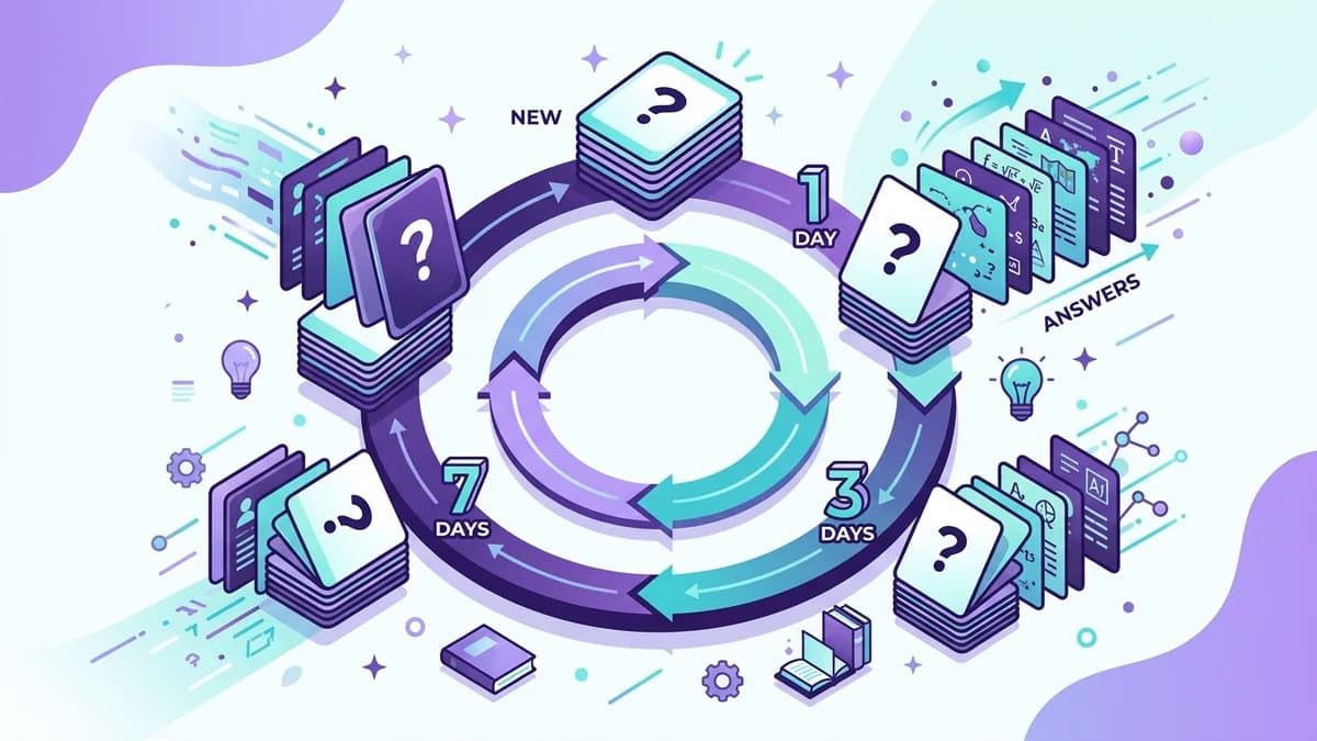 Pila de flashcards en abanico con curva de repetición espaciada superpuesta e icono de cerebro en tonos morados