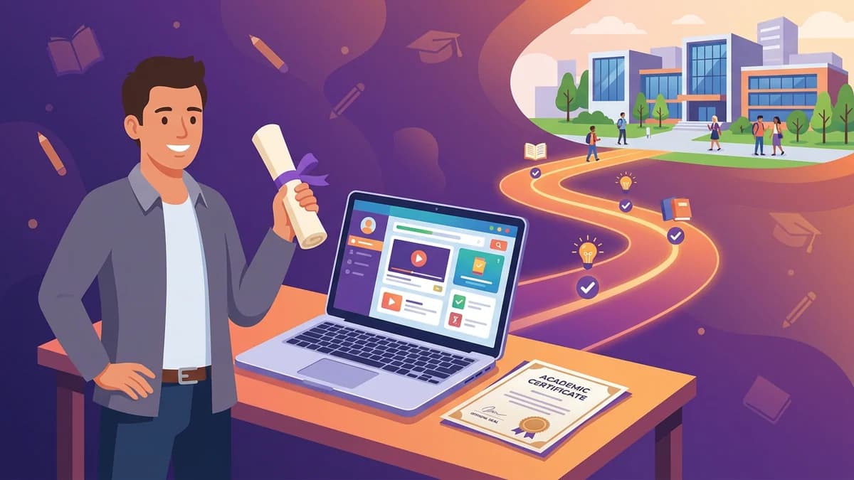 Estudiantes adultos diversos con elementos de graduación y camino hacia un diploma en tonos morados