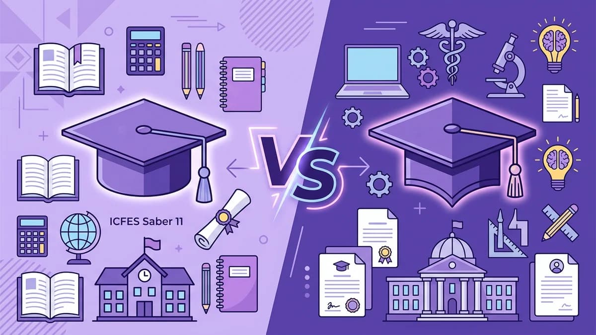 Ilustración comparativa con birrete de bachiller a la izquierda y toga universitaria a la derecha unidas por un símbolo de versus en tonos morados
