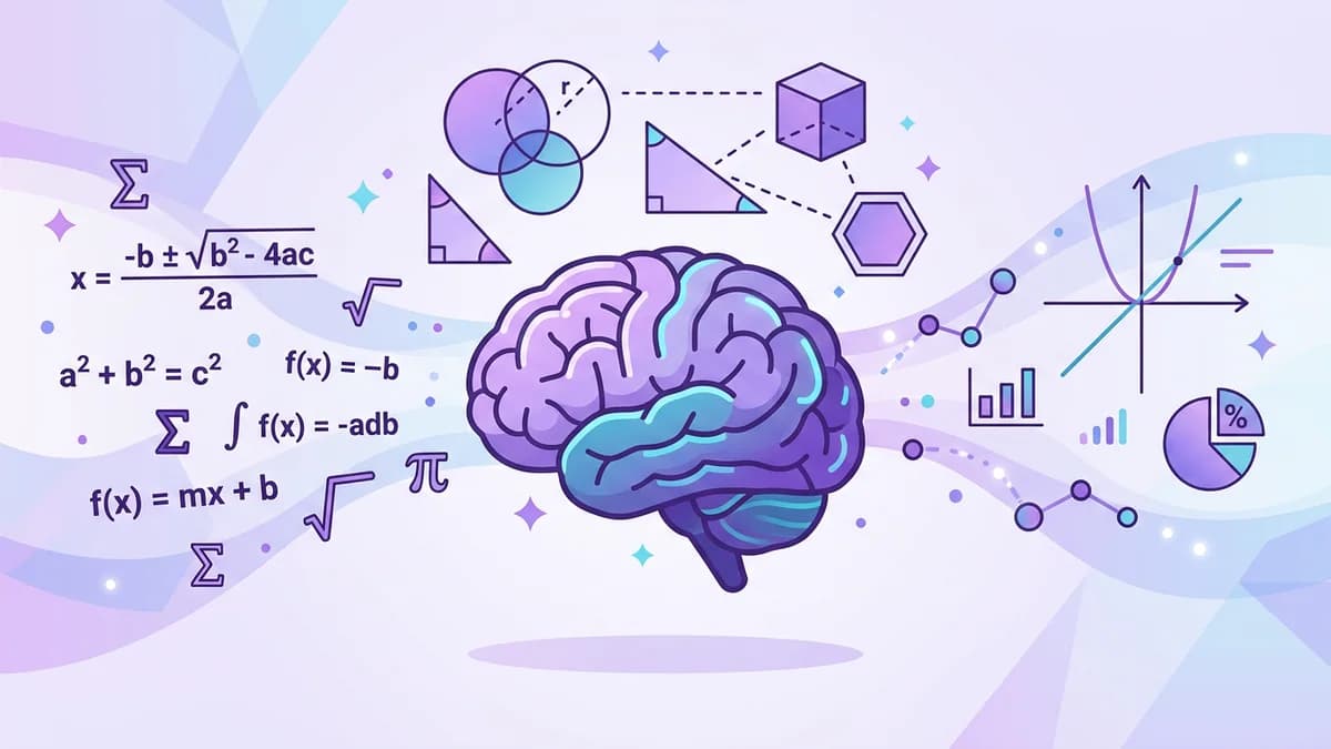 Símbolos matemáticos de funciones, gráficos y figuras geométricas junto a una calculadora en tonos morados