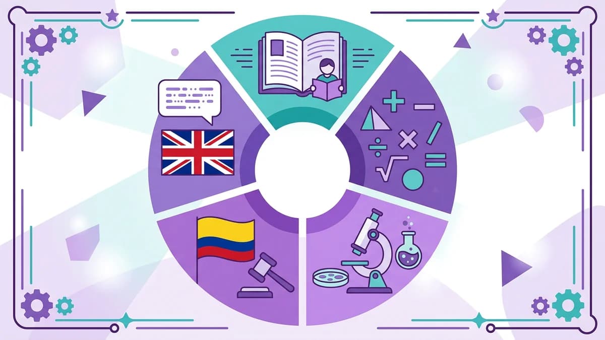 Cinco iconos interconectados representando las materias del ICFES dispuestos en círculo en tonos morados