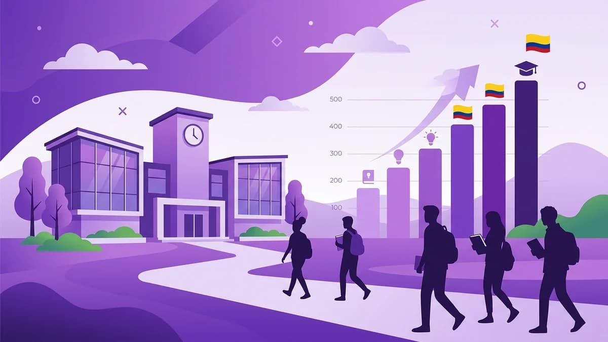 Ilustración de un edificio universitario con una gráfica de barras ascendentes y siluetas de estudiantes en tonos morados